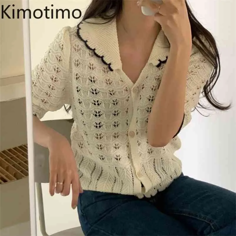 Kimotimo Koreanische Strickjacke Frauen Sommer Vintage Umlegekragen Einreiher Tops Hohl Häkeln Kurzarm Pullover 210805