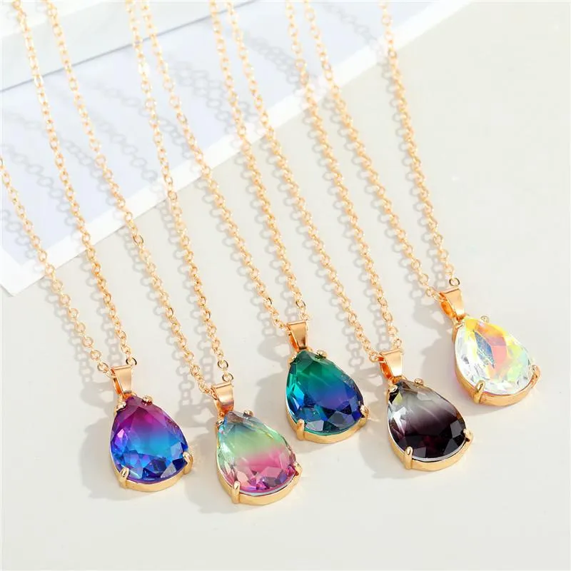 Pendentif Colliers Cristal Goutte D'eau Collier Pour Femmes Bijoux Minimaliste Gradient Coloré Géométrique Clavicule Chai