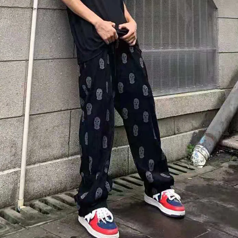 Corduroy Human Head Mask Hip Hop Summer Casual Trousers for Men and Women Drawstring Straight Oversize Baggy Track Pants P0811