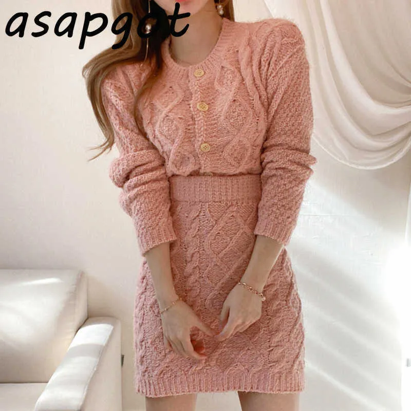 Asapgot Fashion Korea Chic Elegant Round Neck Twist Pink Cardigan Sweater Slim High Waist Sticka Kjolar Vinter Sweet Sets Wild 210610