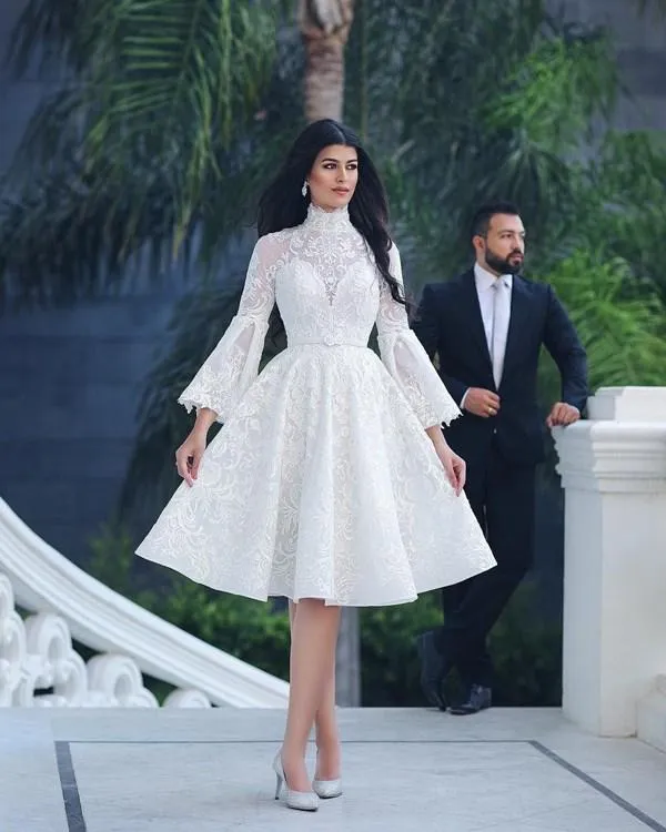 Custom-Made 2021 Arabic Dubai Dress for Wedding with High Neck, Long Sleeves, Lace Applique, and Knee-Length Hemline - Vestido de Novia 403 403