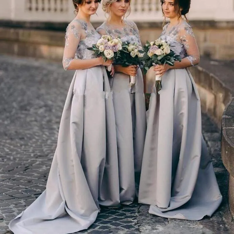 Gray Satin Bridesmaid Dresses Long 2021 Boho Country Half Sleeves 3D Floral Lace Appliques Maid Of Honor Gowns Wedding Guest Dress AL8643