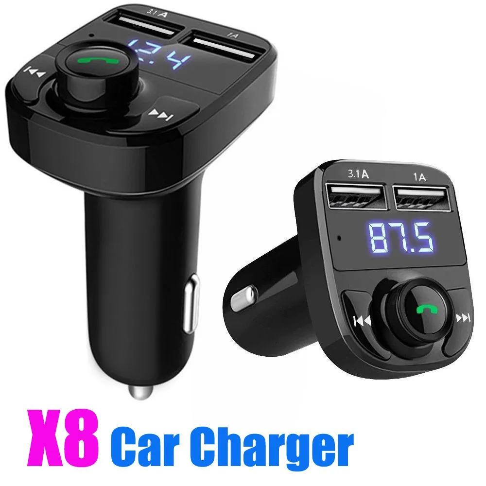 X8 FM-sändare AUX Modulator Car Kit Bluetooth Handsfree Audio Receiver MP3 Player 3.1A Utgång Snabbladdning Dual USB Laddning med paket