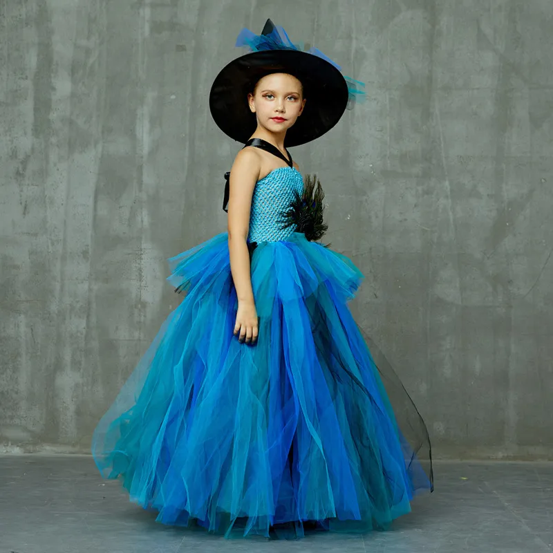 Elegant Peacock Feather Costume Girls Fluffy Layered Peacock Tutu Dress with Witch Hat Kids Pageant Party Ball Gowns Dresses (15)