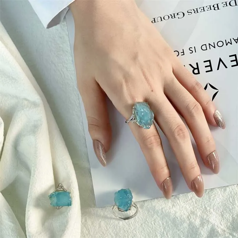 Natural Blue Aquamarine Stone Ring 925 Sterling Silver Gemstone Rings for Women Open Adjustable Size Handmade Fine Jewelry 211217