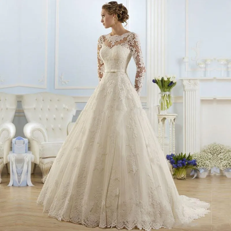 Niestandardowe długie rękawy koronkowe suknie ślubne 2021 z aplikacjami Sash Corning Train Jewel Neck Suknie ślubne