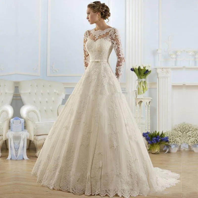 맞춤형 긴 소매 레이스 웨딩 드레스 2021 Sash Appliques Court Train Jewel Neck A Line Wedding Bridal Gowns