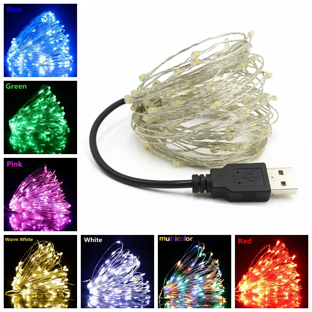 2/5 / 10m USB LED Luces de cadena de cobre Alambre de plata Guirnalda Luces de hadas a prueba de agua para la decoración de la fiesta de bodas