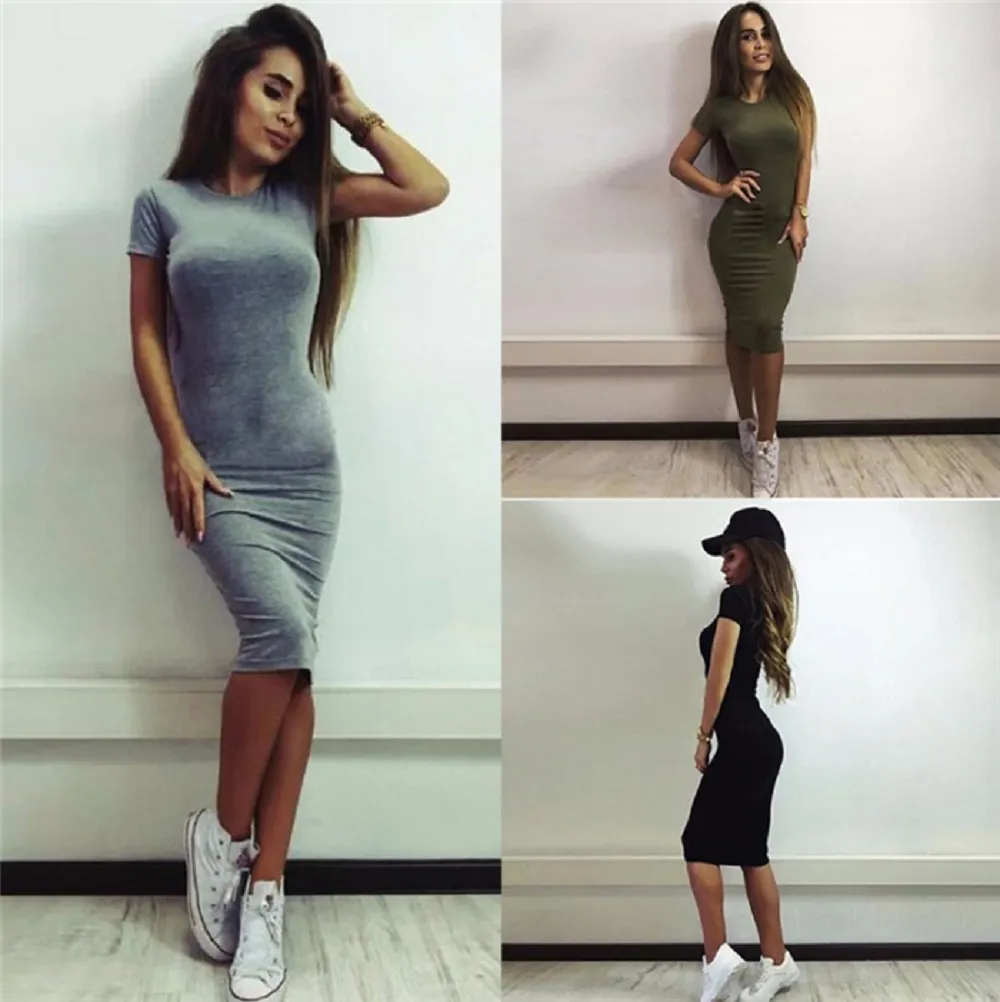 Sexy Vrouwen One Stuk Jurken Zomer Casual Korte Mouw Mini Rok Skinny Knielengte Jurk Dameskleding Grijs Leger Groen S-XL