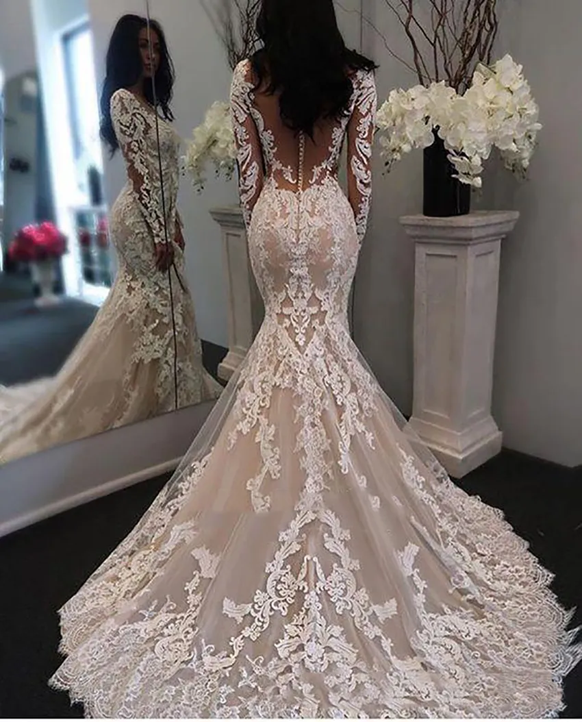 2021 Nova Ilusão de mangas compridas Lace Sereia vestidos de casamento tule applique tribunal princesa casamento vestidos de noiva com botões