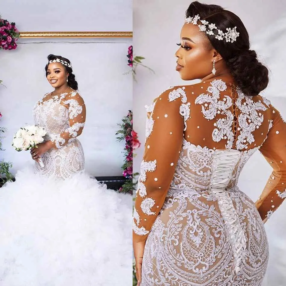 Plus Size Illusion manica lunga abito da sposa a sirena 2022 sexy africano nigeriano gioiello collo increspature pizzo posteriore applique in pizzo abiti da sposa in tulle