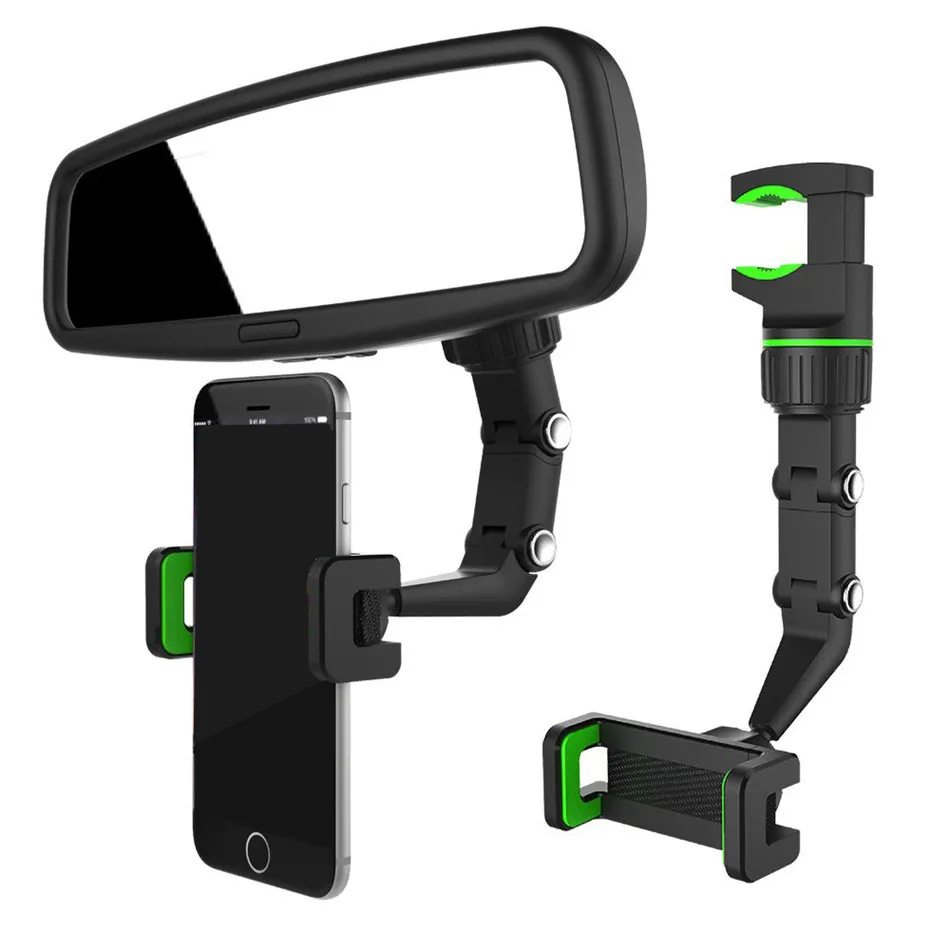 Universal Rearview Mirror Phone Holder Multifunctional 360 Degree Rotatable Auto Seat Hanging Clip Bracket Cell Phone Mounts With Retail Package