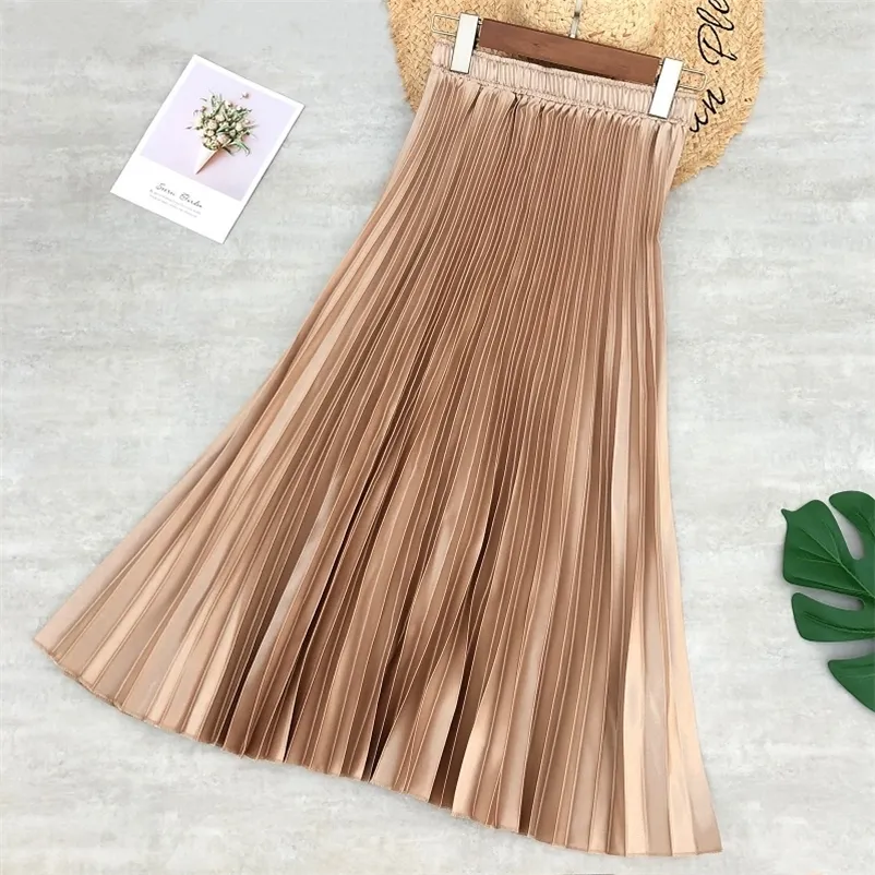 Women s Shiny Pleated Midi Skirt Metallic Gold Silver Black Pink Green Gray Blue White Polyester Office Lady A Line Mid Calf