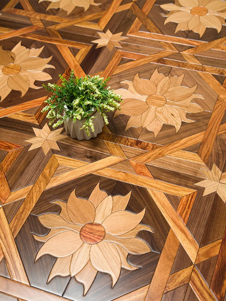 Blomma mönster American Walnut Art Parquet trägolv medaljong Inläggsgräns Marquetry mattan väggbeläggning mattor träbearbetning fast golv