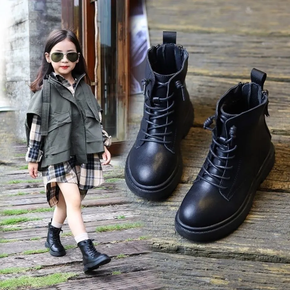 Fashion Children's Martin Boots Botas antiderrapantes de outono quente inverno crianças sapatos Preto 3 4 5 6 7 8 9 10 11 12T 210315