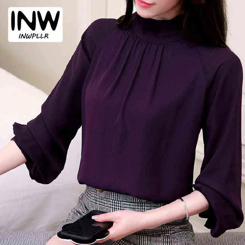 2018 Wiosna Blusas Feminina Eleganckie Szyfonowe Bluzki Kobiety Casual Latarnia Rękaw Kobiecy Koszula Moda Różowe Purple Topy Damskie H1230