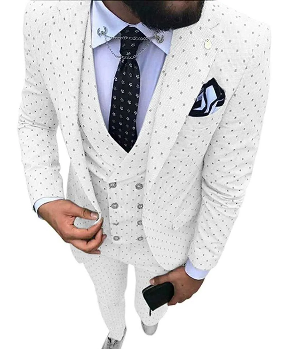 White Mens Suit 3 Piece Stylish Wave Point Notched Lapel Tuxedos Groomsmen Men Suits for Wedding(Jacket+Vest+Pants) X0608