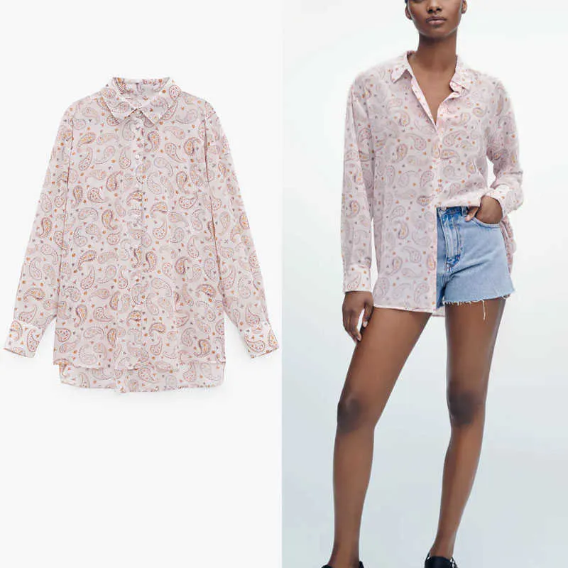 Za paisley print chiffon zomer shirt vrouwen lange mouw asymmetrische retro blouse chic button up fit vrouw roze shirts 210602