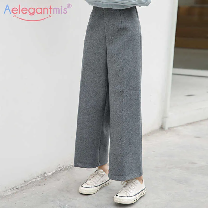 Aelegantmis High Waist Woolen Wide Leg Pants Women Loose Straight Ankle Length Casual Solid Trousers Female Korean chic 210607