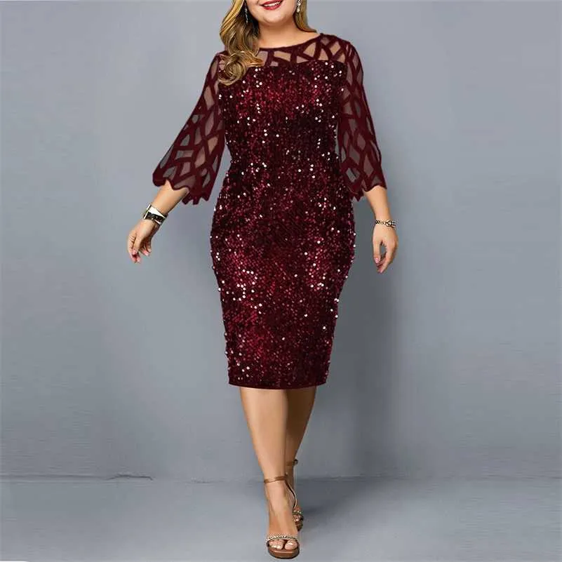 Party Dress Plus Size Ladies Midi Sequin Mesh Long Sleeve Lace Elegant Bodycon XL-4XL 5XL Evening Dresses Woman Summer 211028