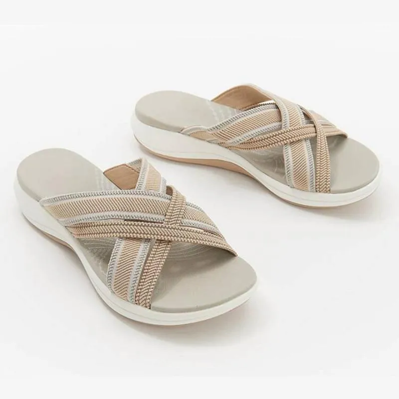 Sandalen 2021 Damen Frühling und Sommer Alltag Lässige elastische Kreuzkeil große Größe Strand offene flache Schuhe