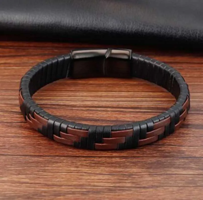 Hand gebreide eenvoudige stijl klassieke mannen armband hoge kwaliteit roestvrij staal magnetische sluiting charme lederen armbanden cadeau q0719