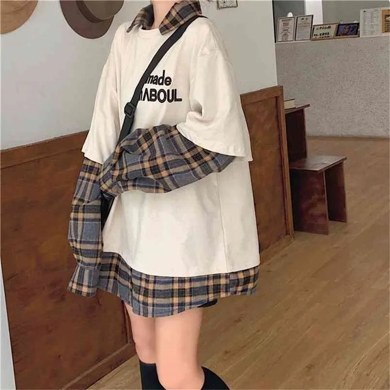 Deeptown Kawaii Hoodies estilo coreano mujeres manga larga pulóver Plaid sudadera ropa de calle de gran tamaño Kpop chándal mujer 210809