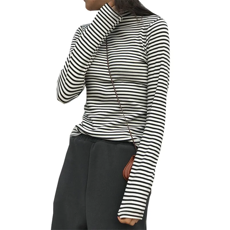 Women Autumn Turtleneck Striped T Shirts Long Sleeve Casual T Shirt Women Clothes Slim Fashion Tops 211110