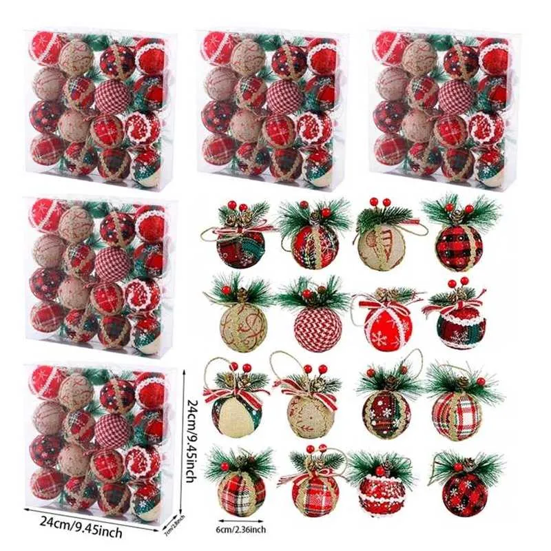 8/16pcs 6cm Christmas Wrapped Cloth Ball for Tree Plaid Bubble Hanging Home Decor 211104