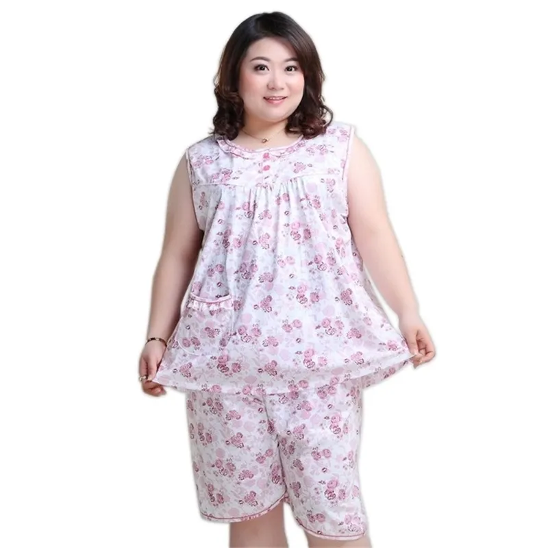 Plus Taille XXXXXL Pyjamas courts Ensembles sans manches Coton Summer Pijama Vêtements de nuit Pyjamas floraux frais 130kg 210809