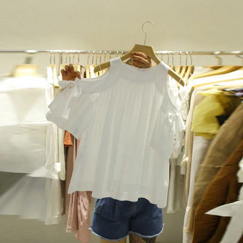 Summer Strapless Bow de manga curta o pescoço t-shirt solto tops blusa mulheres 210615