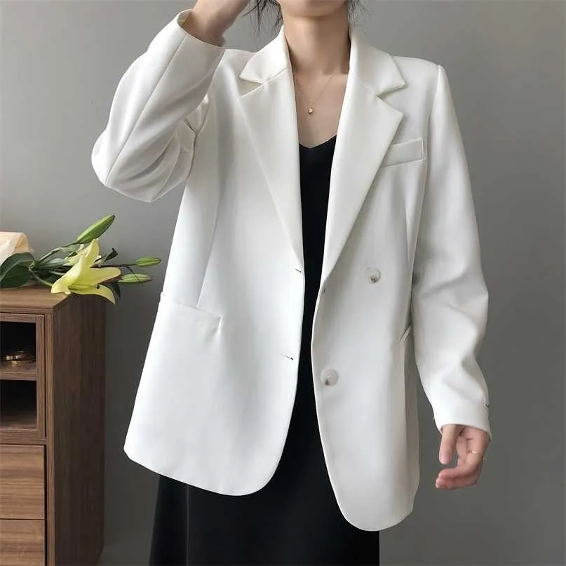 Yeeloca Temperament White Blazer Women's Spring Two Buttons Notched Suit Coat British Style Loose Long Sleeve Top 211122