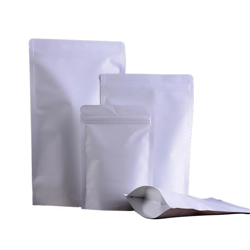 Vit Kraft Pappersväska Aluminiumfolie Sticka upp Pouches Recycrable Sealing Storage Bag för te kaffe mellanmål