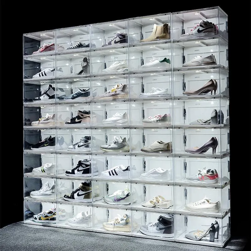 Ny ljudkontroll LED-ljus Clear Shoes Box Sneakers Storage Anti-Oxidation Organizer Shoe Wall Collection Display