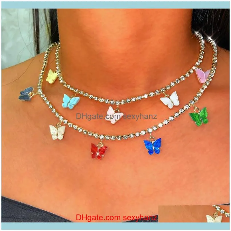 Cute Multi-color Acrylic Butterfly Clavicle Chain Chokers For Women Gold Silver Color Crystal Tennis Necklace Jewelry Gift