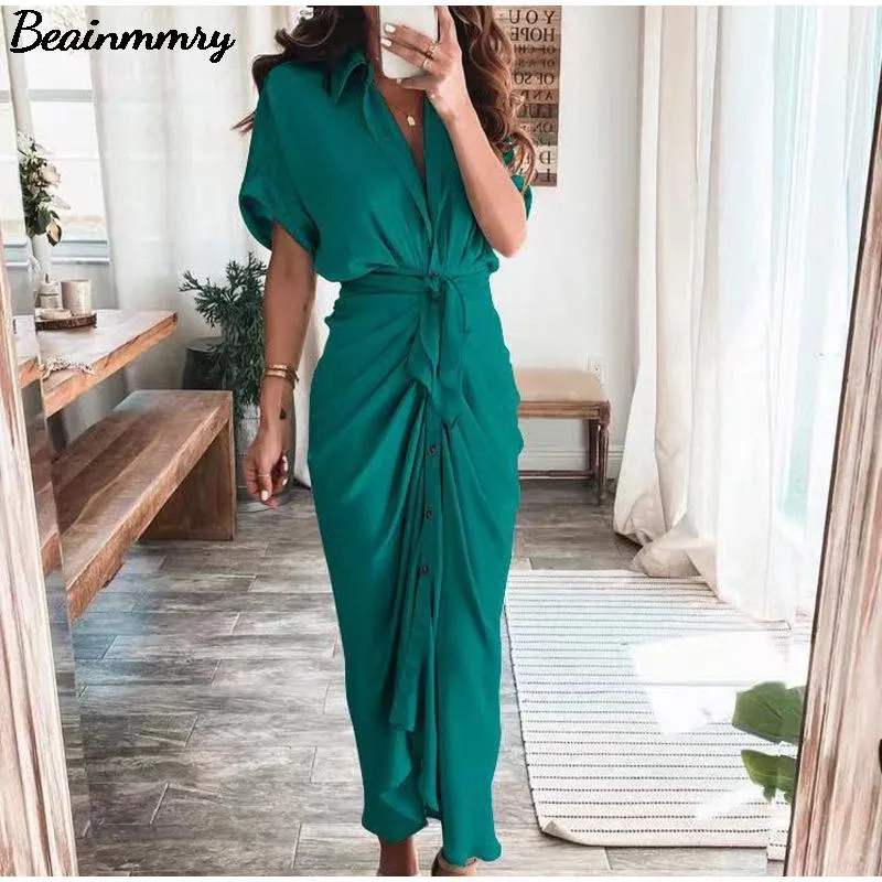 Casual Dresses Women Summer Elegant Button Ruched Bandage Shirt Dress mode Kort ärm Solid V Neck Beach Maxi