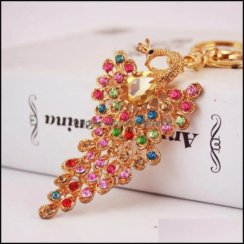 Newest Fashion Keychain 3pcs Colorful Rhinestone Crystal Paved Animal Beauty Peacock Key Chain Hanging Women Car Key Rings 473C3