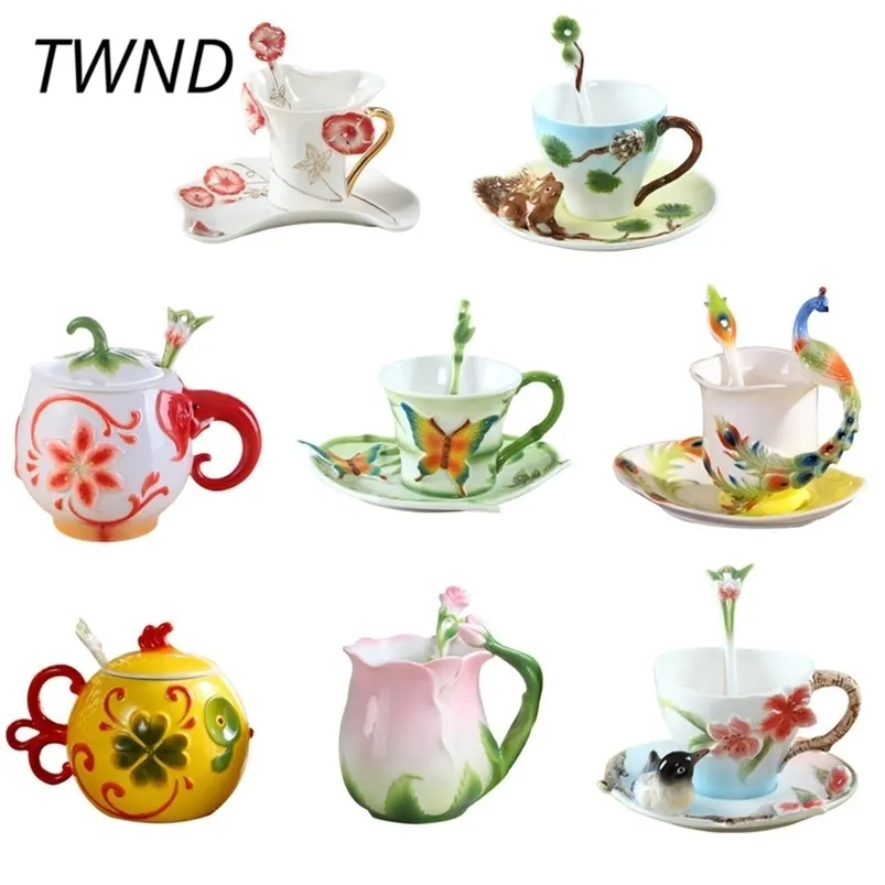 Tasses à café en émail définit des tasses à thé en porcelaine avec une cuillère à soucoupe 3D Rose Elephant Creative Drinkware 210804