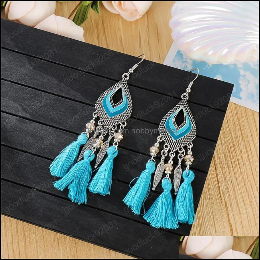 Retro hollow water drop crystal tassel rice beads long earrings female European and American ethnic style earrings bohemian jewelry