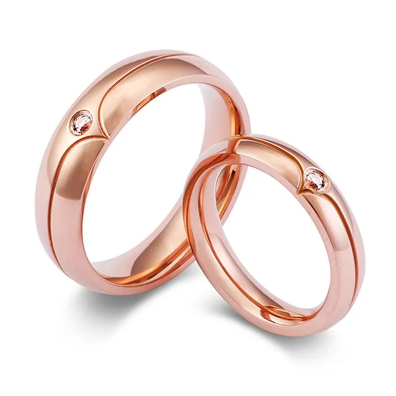 Anneaux de mariage Bague de solitaire de couleur or rose pour femmes et hommes CZ Stone Alliance en acier inoxydable Couple de fiançailles