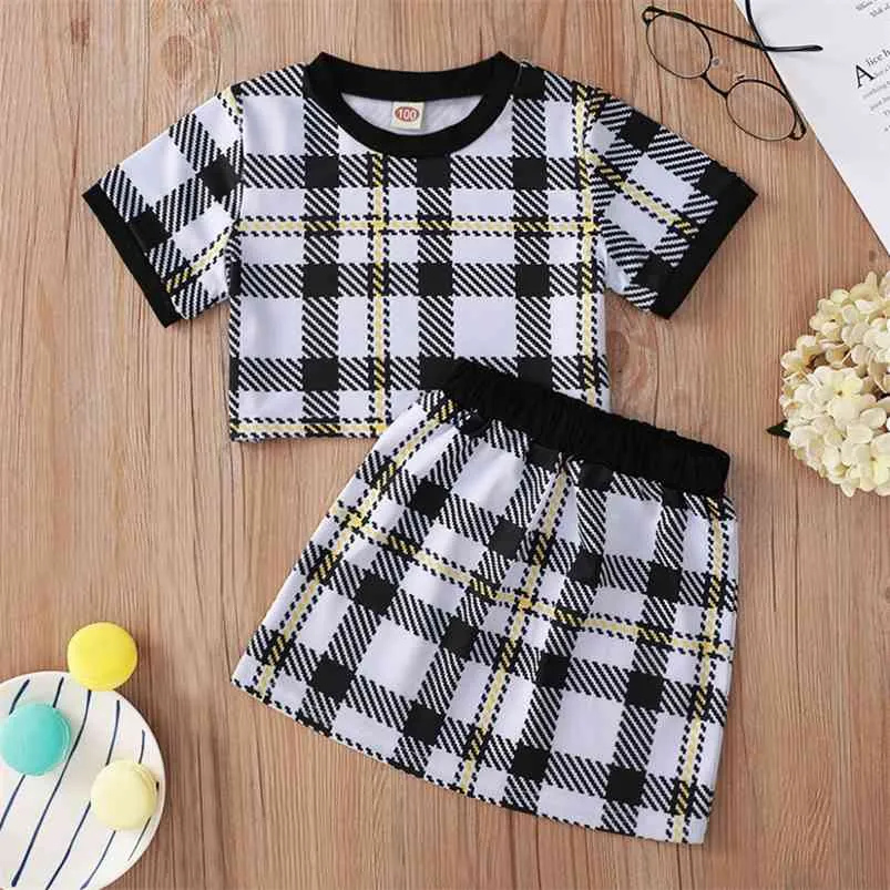 Sommer Kinder Sets Casual Kurzarm O Neck Plaid T-shirt Patchwork Rock 2 stücke Mädchen Jungen Kleidung 9M-5T 210629