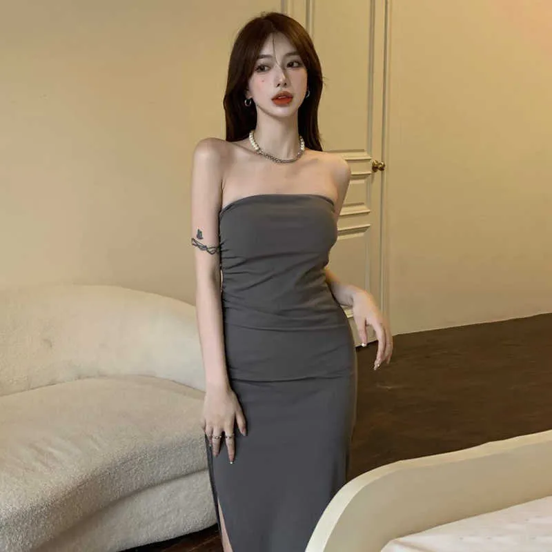 vgh party dress Sexy Gray Side Split Dress For Women Slash Neck Sleeveless High Waist Minimalist Midi Dresses Female Summer Fashion 210531