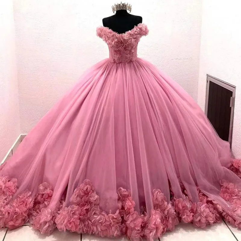 Puffy Pink Quinceanera Vestidos Princesa Cenicienta Vestido largo de baile Dulce 15 años Niñas Prom Falda de noche Vestidos De Fiesta