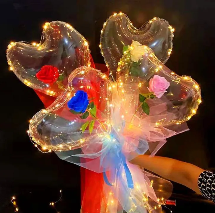 Party Decoration LED Bobo Balloon Flashing Light Heart Shaped Rose Flower Ball Transparent Balloons Wedding Valentine`s Day Gift SN4852
