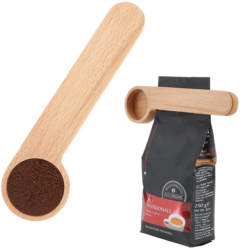 Colher de café de madeira 2 em 1 com clipe de saco colher de sopa de madeira de faia sólida colher de chá feijão colheres de café seladora