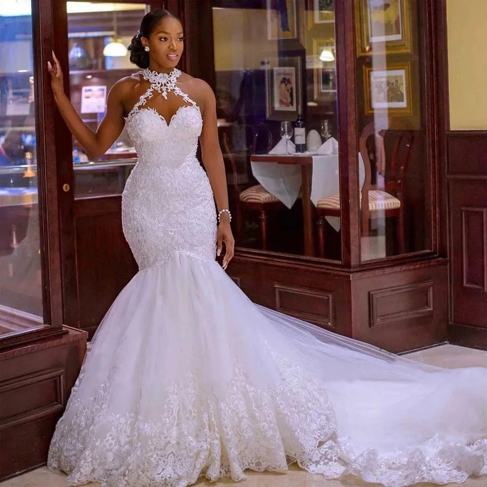 Custom Luxury Vintage African Plus Size Arabic Mermaid Wedding Dress With Illusion Nude Tulle Neckline Halter Neck And White Lace Appliques Arabic Aso Ebi Bridal Gown 2022 From Chicweddings 135.32 DHg...