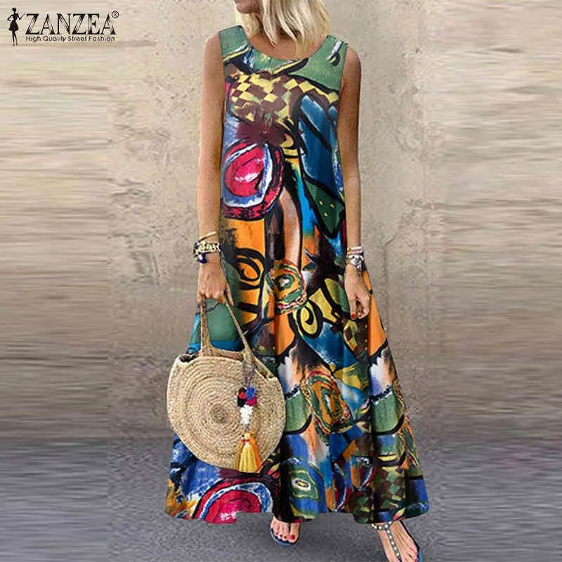 ZANZEA Sommarklänning Kvinnor Bohemisk ärmlös blommig solklänning Robe Vintage Kaftan Beach Vestido Femme Sarafans Plus Size X0521