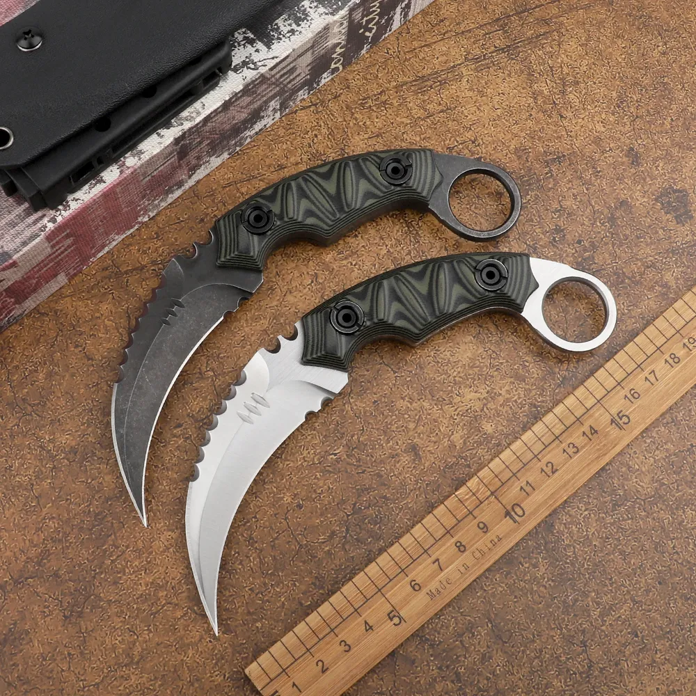 Karambit 야외 생존 전술 샤프 클로 나이프 D2 칼집이있는 고정 블레이드 캠핑 사냥 자기 방어 EDC 도구