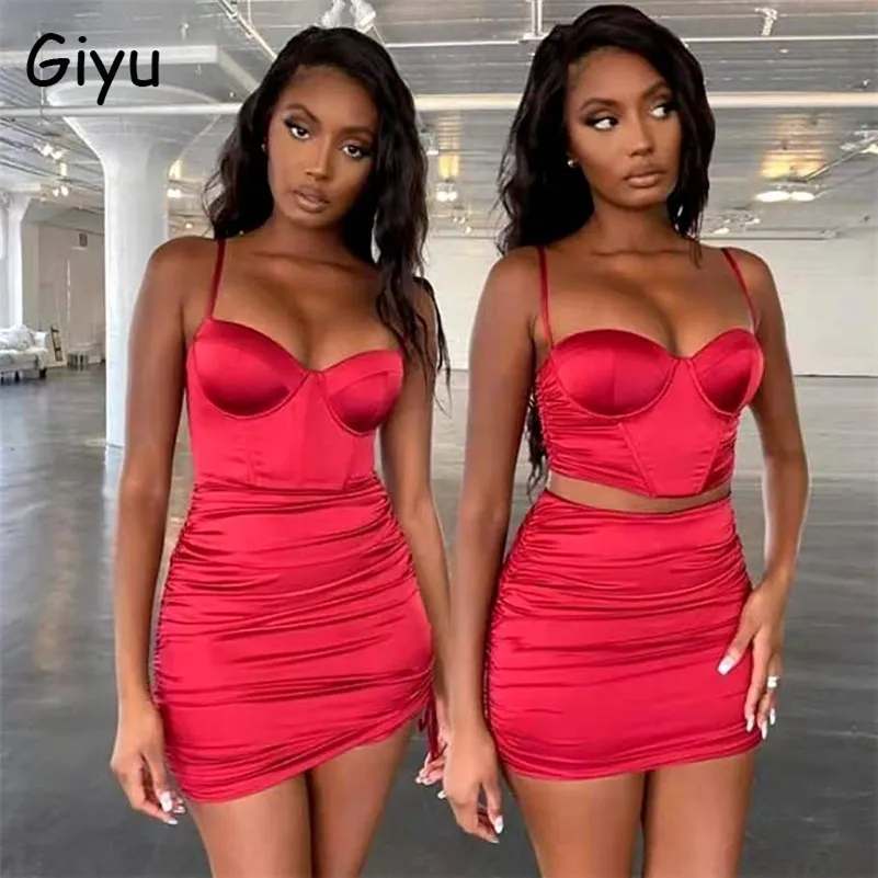 Giyu Sexy Club Party Satin Robe Femmes Ete Automne Ruche Moulante Mini Robes Elegant Sans Manches Dos Nu Robes Rouge 210309 Du 43 44 DHgate