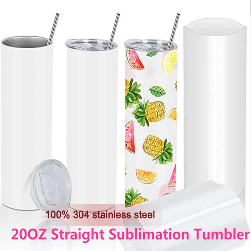 Estoque dos EUA 20 onças de sublimação reta Tumblers com palha de aço inoxidável copo garrafas de água DIY xícaras de vácuo 600 ml de canecas de café de carro